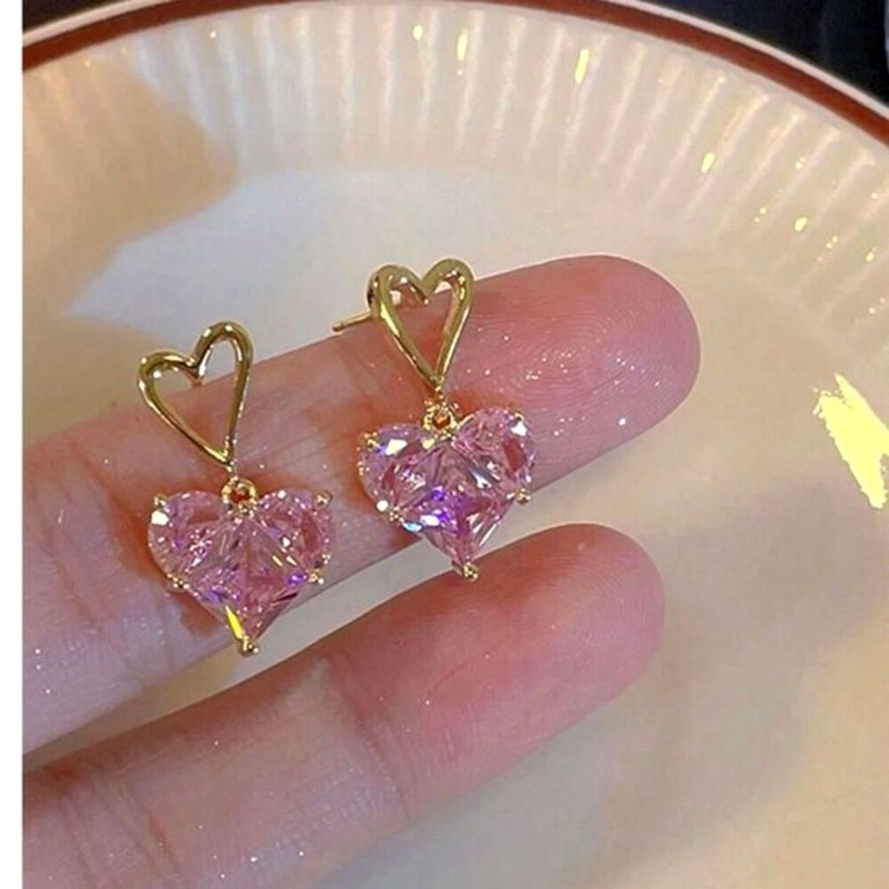Pink Faceted Crystal Heart Drop Earrings Gold Gemstone Dangle Pendant Charm